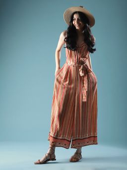 Aarke Ritu Kumar - Brown Striped Jumpsuit with Tie-up