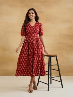 Fabindia - Women Red Floral Printed V-Neck Dress