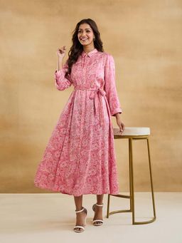 Fabindia - Women Pink Floral Printed Collared Neck Dress with Belt