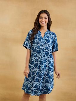 Fabindia - Women Navy Blue Floral Printed Mandarin Collar Dress