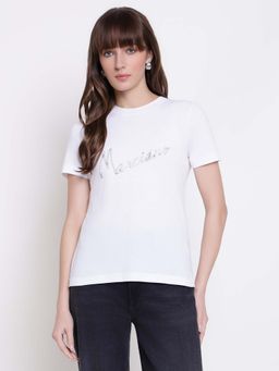 Guess - Women White Embellished Round Neck Regular Fit T-shirt