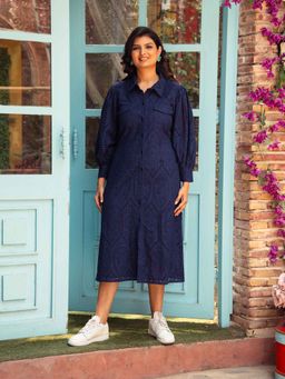 Golden Mirror Fashion - Women Navy Blue Hakoba Self Design Shirt Dress