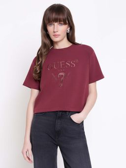 Guess - Women Maroon Embroidered Round Neck Regular Fit T-shirt