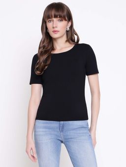 Guess - Women Steffi Jet Black Solid Round Neck Regular Fit T-shirt