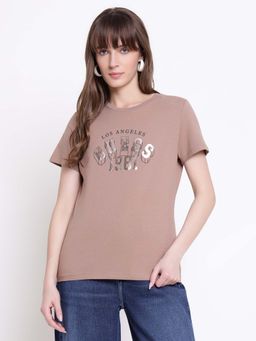 Guess - Women Beige Martina Praline Typography Round Neck Regular Fit T-shirt