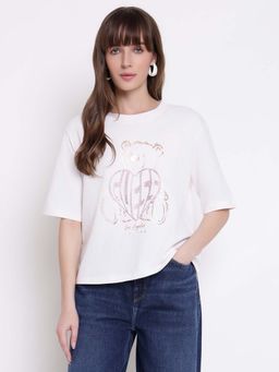 Guess - Women White Teddy Bear Embellished Regular Fit T-shirt