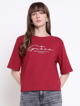 Guess - Women Maroon Signature Round Neck Regular Fit T-shirt