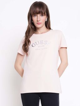 Guess - Women Margot Dolly Pink Typography Round Neck Regular Fit T-shirt