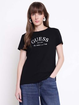 Guess - Women Margot Jet Black Typography Round Neck Regular Fit T-shirt