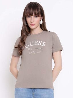 Guess - Women Taupe Typography Round Neck Regular Fit T-shirt