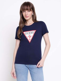 Guess - Women Navy Blue Brand Logo Printed Round Neck Regular Fit T-shirt