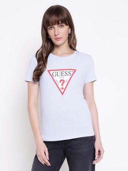 Guess - Women Blue Brand Logo Printed Round Neck Regular Fit T-shirt