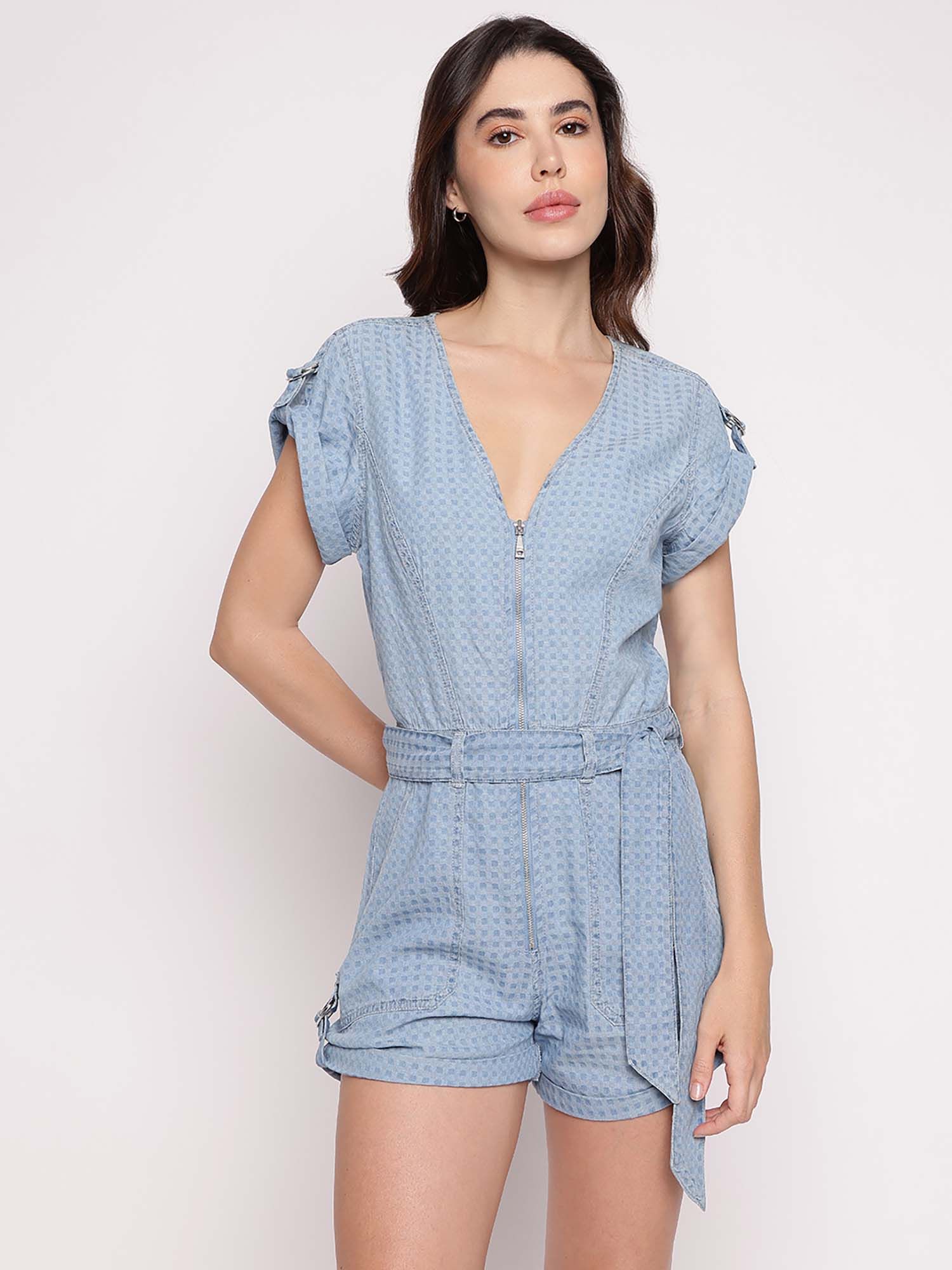 guess Women Blue Checked V-Neck Blaire Playsuit with Belt-picture-24