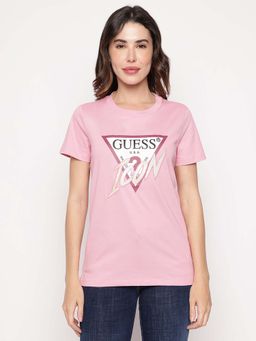 Guess - Women Pink Sequined Round Neck Icon Organic T-shirt