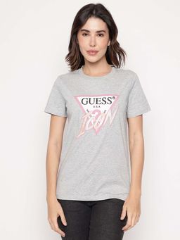 Guess - Women Grey Sequined Round Neck Icon Organic T-shirt