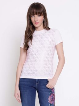 Guess - Women Pink Embellished Round Neck Regular Fit T-shirt