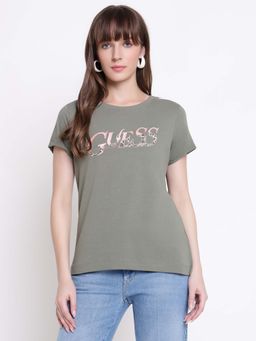 Guess - Women Olive Embellished Round Neck Regular Fit T-shirt