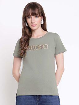 Guess - Women Glossy Lichen Leaf Olive Embellished T-shirt