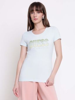 Guess - Women Light Blue Embellished Typography Regular Fit T-shirt