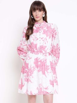 Guess - Women Pink-White Floral Printed Dress with Belt