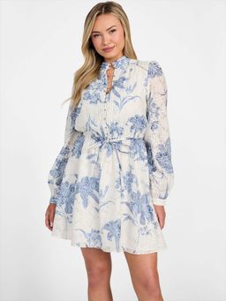 Guess - Women White and Light Blue Floral Printed High Neck Dress with Bet