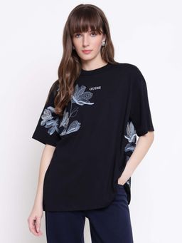 Guess - Women Jet Black Floral Embroidered Round Neck Regular Fit T-shirt