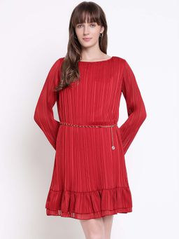 Guess - Women Ilenia Pleat Bohemian Red Regular Fit Tiered Dress with Belt