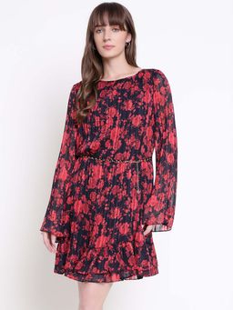 Guess - Women Ilenia Pleat Red Little Roses Floral Regular Fit Tiered Dress