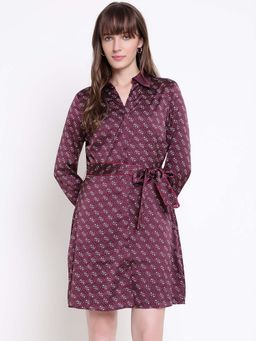 Guess - Women Maroon All Over Logo Printed Regular Fit Shirt Dress