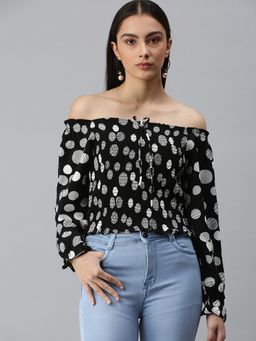 SHOWOFF - Women Off Shoulder Full Sleeves Printed Black Top