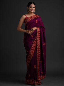 Koskii - Wine Threadwork Raw Silk Designer Saree with Unstitched Blouse