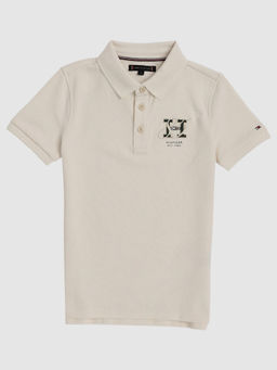 Tommy Hilfiger - Boys Beige Embroidered Regular Fit Cotton Polo T-Shirt