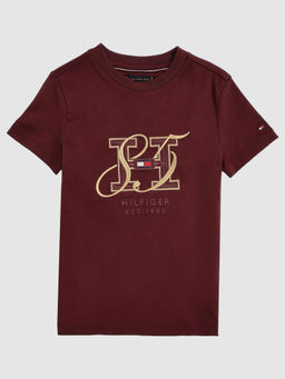 Tommy Hilfiger - Boys Maroon Embroidered Logo Regular Fit Cotton T-Shirt