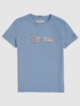 Tommy Hilfiger - Girls Blue Embellished Logo Regular Fit Cotton T-Shirt