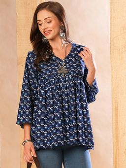 Globus - Women Indigo Allover Printed & Gathered A-Line Alia Cut Workwear Tunic