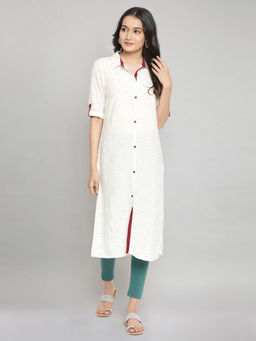 Aurelia - Off-White Shirt Collar Printed Kurta