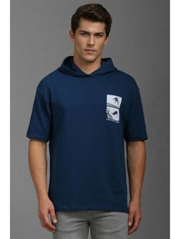 Louis Philippe - Men Navy Blue Graphic Print Hooded Neck T-shirt
