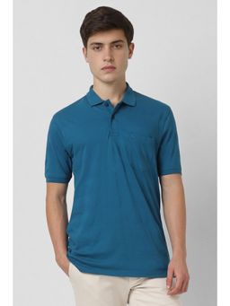 Peter England - Men Blue Textured Polo Neck T-shirt
