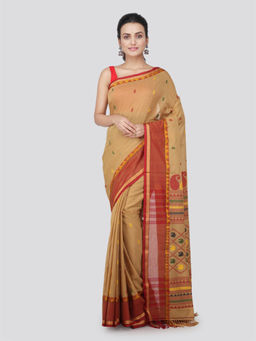 PinkLoom - Womens Cotton Saree with Unstitched Blouse-Beige