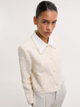 Pomelo - Pearl Trim Detailed Floral Cropped Jacket - Ivory