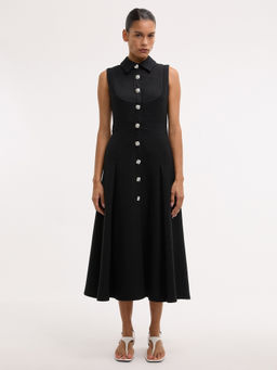 Pomelo - Sleeveless Pleated Yoke Midi Dress - Black