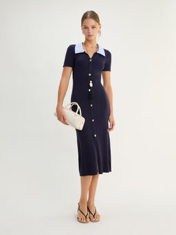 Pomelo - Contrast Collar Knit Midi Dress - Navy