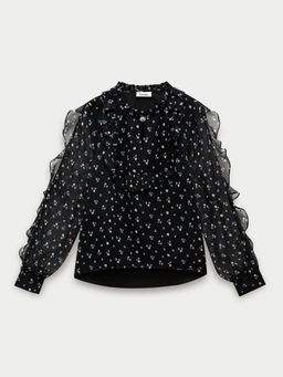 Pomelo - Ruffle Trim Floral Long Sleeve Blouse - Black