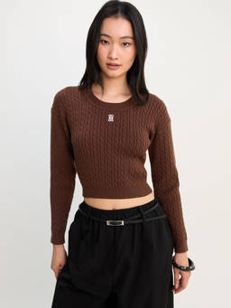 Pomelo - Long Sleeve Cable Knit Top - Brown