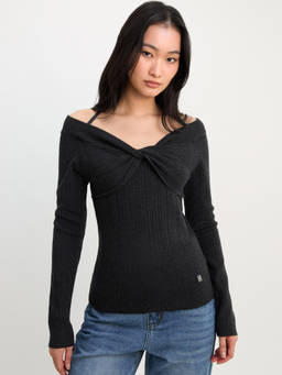 Pomelo - Long Sleeve Knit Top with Twist Detail - Mid Grey