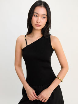 Pomelo - Ribbed One Shoulder Tank Top - Black