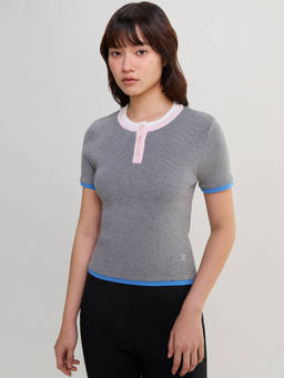 Pomelo - Contrast Trim Knit Top - Mid Grey