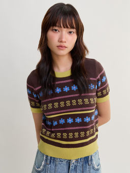 Pomelo - Floral Knit Tee - Brown
