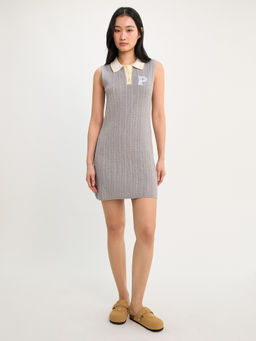 Pomelo - Sleeveless Polo Knitted Mini Dress - Light Grey