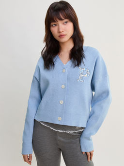 Pomelo - Floral Initial Detail Ribbed Cardigan - Baby Blue